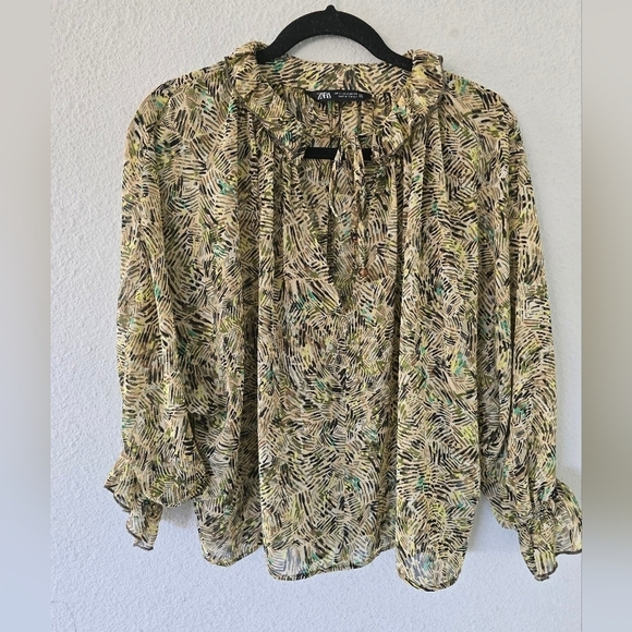 Zara Woman Blouse Sz S Tie Front Ruffles Sheer Flare Sleeves Tassel Flowy - Picture 2 of 11